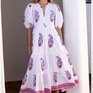 Oliphant Verna Red White Maxi Dress with Pink Floral Accents
